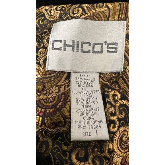 ✨ Chico’s Black Velvet Faux Fur Trim Vest Size 1 Quilted Luxe Boho Retro - Picture 4 of 4